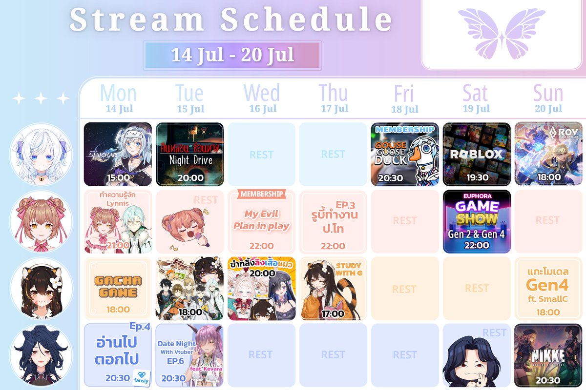 EuphoraProject's tweet image. 🦋 ตารางไลฟ์ประจำสัปดาห์ 🦋
🗓 วันที่ 14 - 20 กรกฎาคม 2568🗓
แล้วแวะมาหาน้องๆได้นะครับ (ﾉ´ヮ`)ﾉ✨
#Vtuber #VtuberTH #EuphoraProject