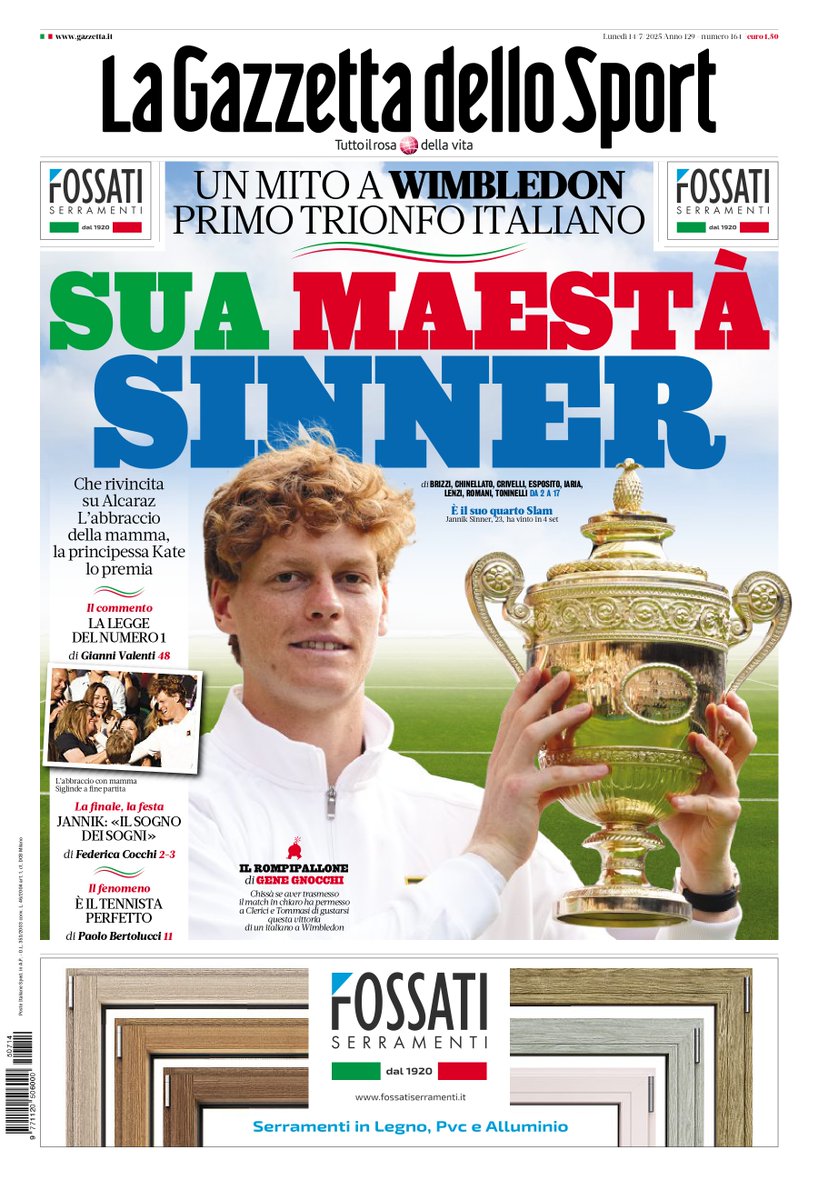 La #primapagina della Gazzetta di oggi
SUA MAESTA' SINNER