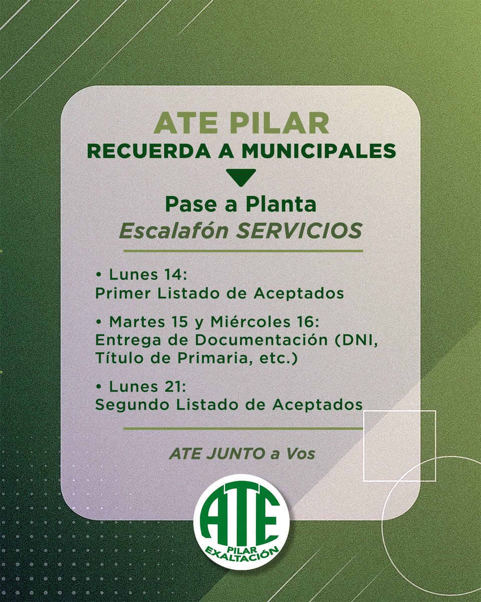 atepilar_'s tweet photo. 📢 ATE Pilar recuerda a los Municipales del Escalafón Servicios:

🗓️ Lunes 14: Publicación del primer listado de aceptados
📄 Martes 15 y Miércoles 16: Entrega de documentación (DNI, título de primaria, etc.)
🗓️ Lunes 21: Publicación del segundo listado de aceptados https://t.co/rBmjUc6Zy9