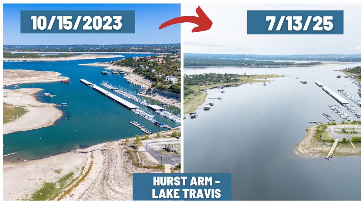 Mikep29's tweet image. Drone shots I took of the Hurst arm of Lake Travis in October 2023 with shots I took today. #laketravis #beforeandafter @ChikageWeather @Hunt_Wx @averytomascowx