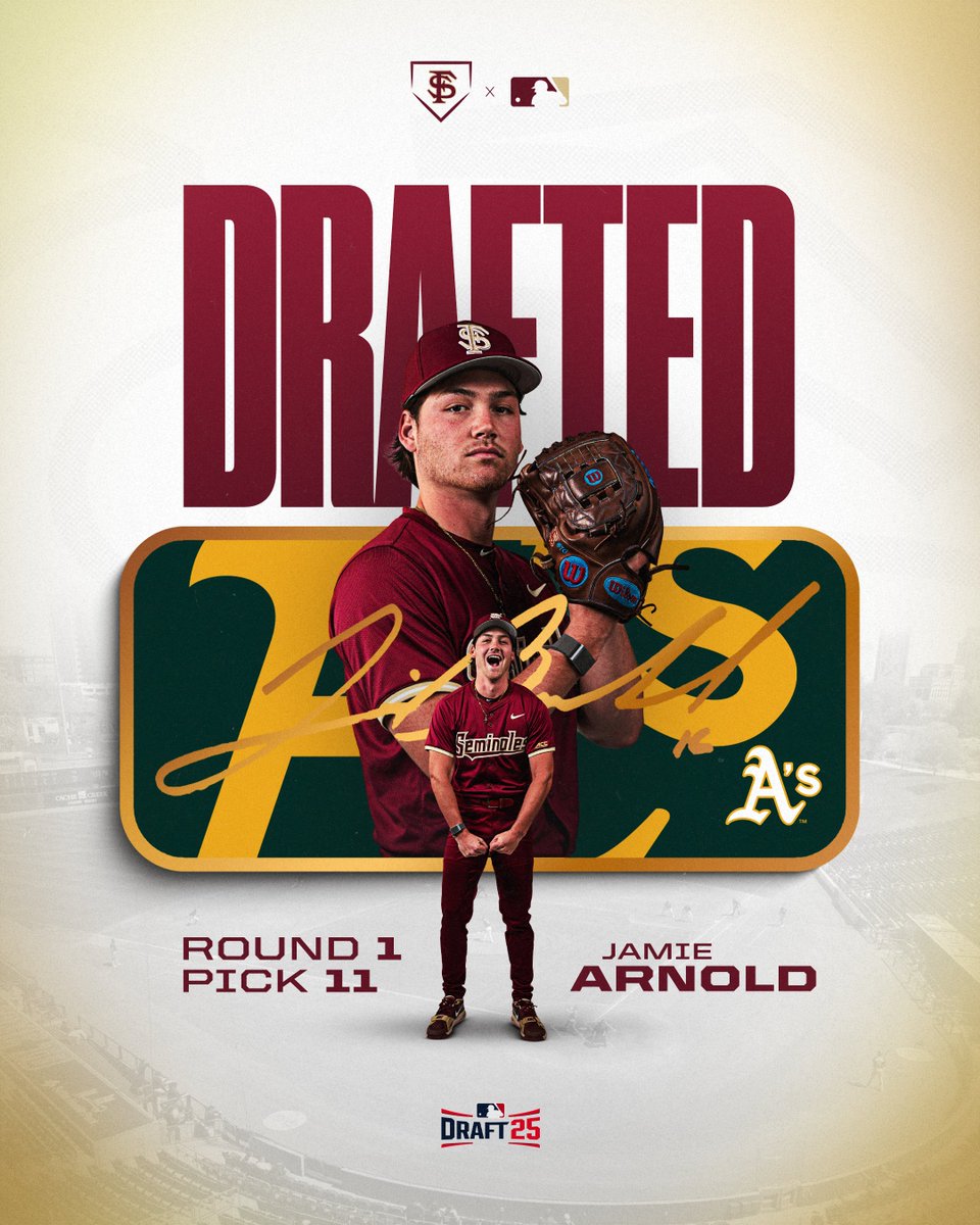 With the 11th overall pick in the 2025 MLB Draft, the Athletics select Jamie Arnold!

Jamie is the 11th top-15 MLB draft pick in FSU history and our highest overall selection since 2008.