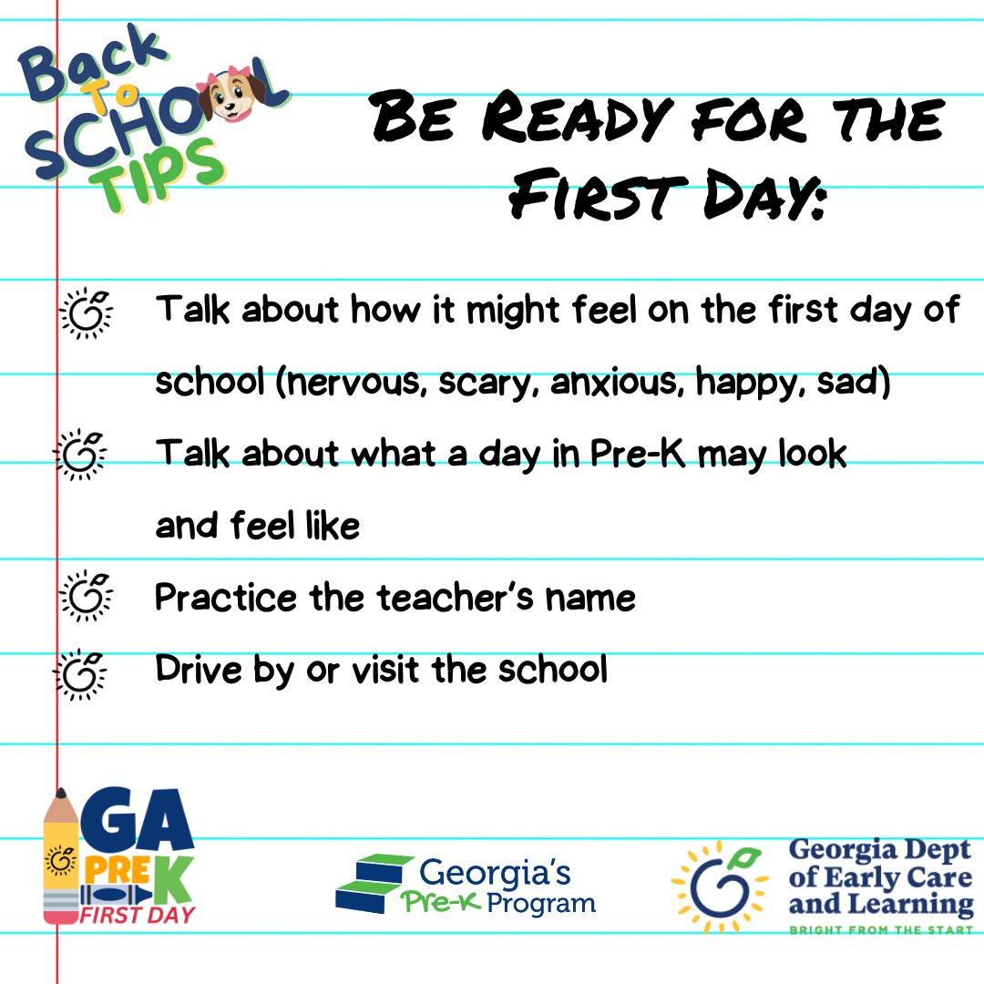 Bright from the Start (@gadeptearlycare) on Twitter photo Here is a tip for a great #GaPreKFirstDay. Follow along with DECAL social media as we give tips for a GREAT #GaPreKFirstDay. #prek #parents #teachers #prekteacher #earlyeducation #Georgia #educate #schooldays #FirstDayOfSchool Here is a tip for a great #GaPreKFirstDay. Follow along with DECAL social media as we give tips for a GREAT #GaPreKFirstDay. #prek #parents #teachers #prekteacher #earlyeducation #Georgia #educate #schooldays #FirstDayOfSchool