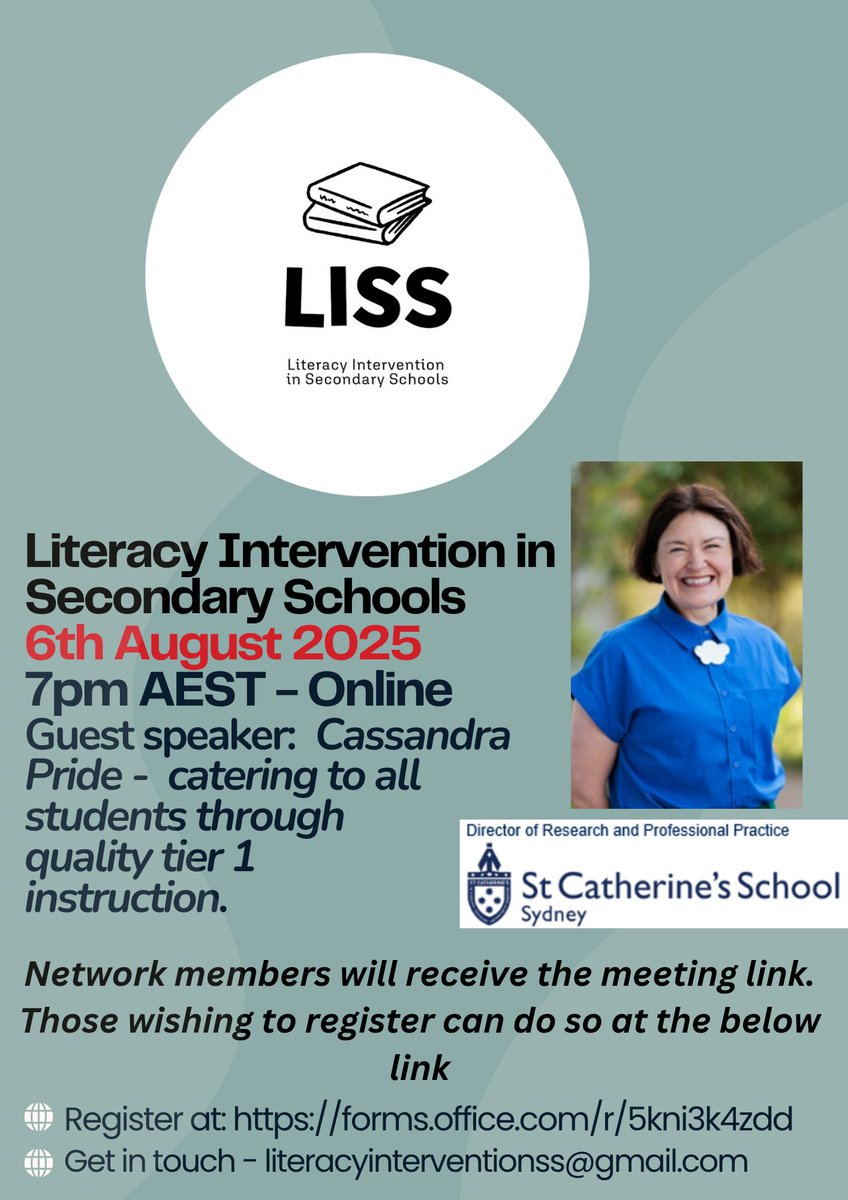 JessicaColleu's tweet image. We’re back after a Sem. off! Join us Aug 6 at 7pm AEST-with Cassandra Pride sharing how a Tier 1 lens can empower all teachers to support every student—esp. the most vulnerable.👉 Register : forms.office.com/r/5kni3k4zdd
Join Literacy Interventions in Secondary Schools (LISS) network