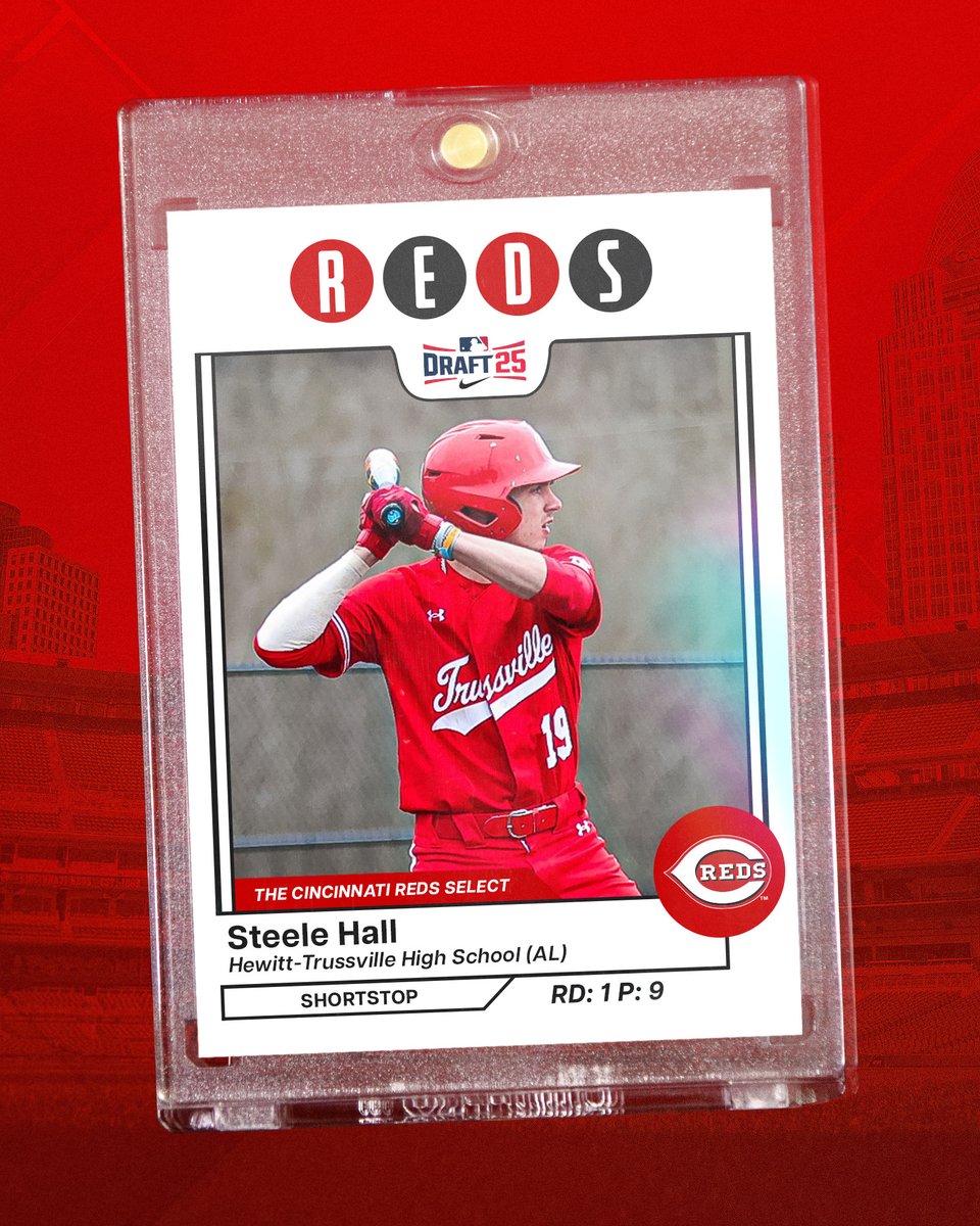 With the 9th pick in the 2025 #MLBDraft, the Cincinnati Reds select SS Steele Hall. 

Welcome to Reds Country, Steele‼️