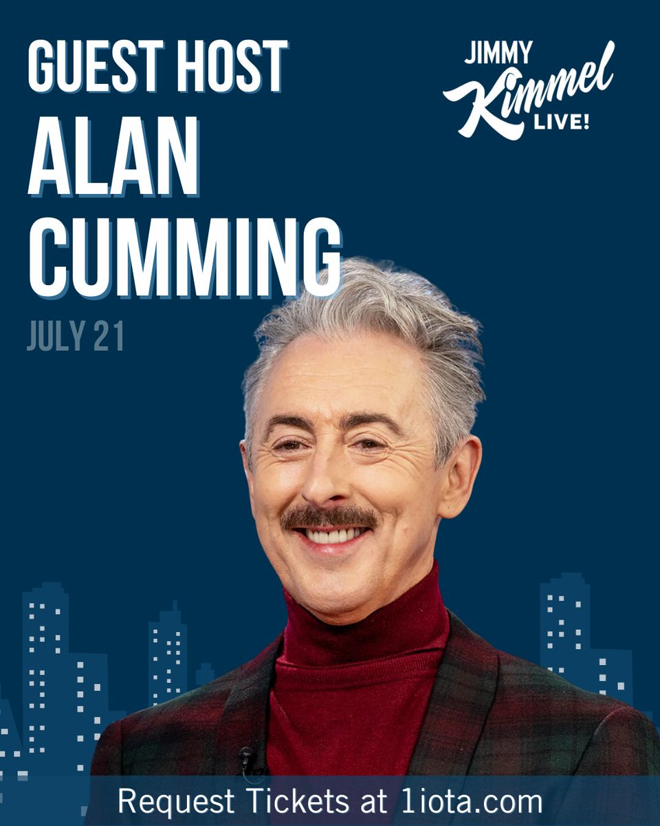 1iota (@1iota) on Twitter photo Alan Cumming is coming to guest host <a href="/JimmyKimmelLive/">Jimmy Kimmel Live</a>! Don’t miss your chance to see 'The Traitors' host bring his signature charm and wit to Jimmy’s desk for one unforgettable night. Request your tickets now: 1iota.com/show/1/jimmy-k…
July 21
Los Angeles, CA
Ages 18+ Alan Cumming is coming to guest host <a href="/JimmyKimmelLive/">Jimmy Kimmel Live</a>! Don’t miss your chance to see 'The Traitors' host bring his signature charm and wit to Jimmy’s desk for one unforgettable night. Request your tickets now: 1iota.com/show/1/jimmy-k…
July 21
Los Angeles, CA
Ages 18+