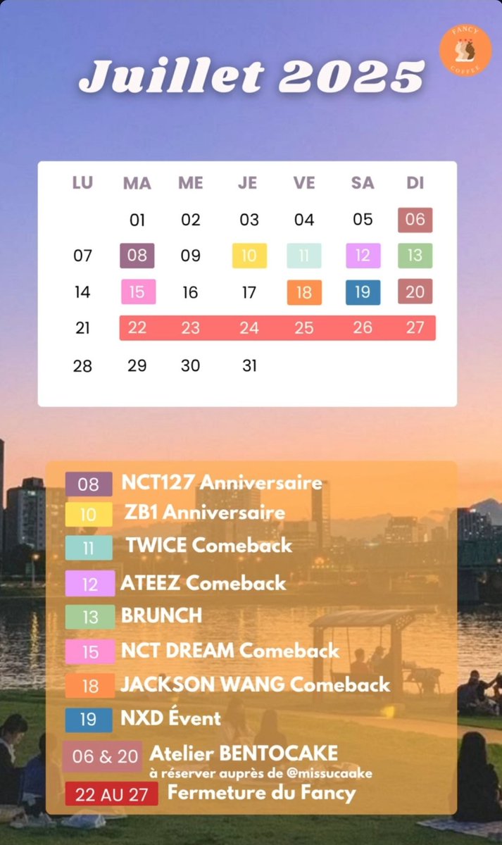 💭 || #EVENT - 2025.07.14

La fanbase à la joie de vous annoncer un event pour l'anniversaire de Daehyun et Jaemin le samedi 19 Juillet au Fancy Coffee à Rouen !! On espère retrouver quelques uns d'entre vous là bas, la fanbase sera sur place 🤭

#RBW #NXD #NeXtiDentity