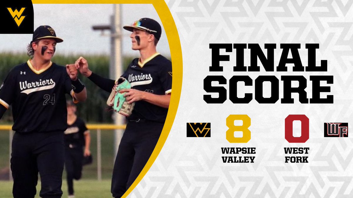 IHSAA Class 1A District 4 - Final
⚾ | Final
Wapsie Valley - 8
West Fork - 0

The Warrior train rolls on with another shutout victory and are ONE game away from state! Get out to Charles City on Tuesday night and cheer these boys on to Carroll!
#WarriorPride #WVBB #iahsbb