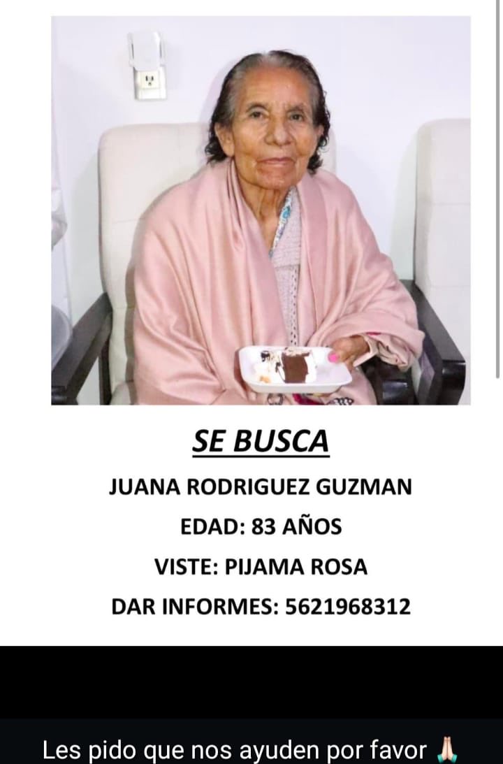 COYOACÁN..
Ayúdennos a encontrarla.
Salió hoy de su casa uen Santo Domingo, aprox a las 9:50 am, su vestimenta es Chal rosa,pantalón de pijama rosa con estampado ,zapatos negros, como seña particular mide 1.40, tiene el cabello corto y chino y camina encorvada