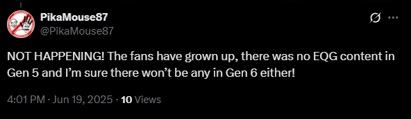 sunsetshimm3rr's tweet image. This isn’t a fact. Many fans grew up, but EG still matters. The demand and the audience are still there.
Leaving it out of G5 was the best choice, that Gen wasn’t well received, and EG never got a proper ending in G4. Continuing it in another generation wouldn’t have made sense