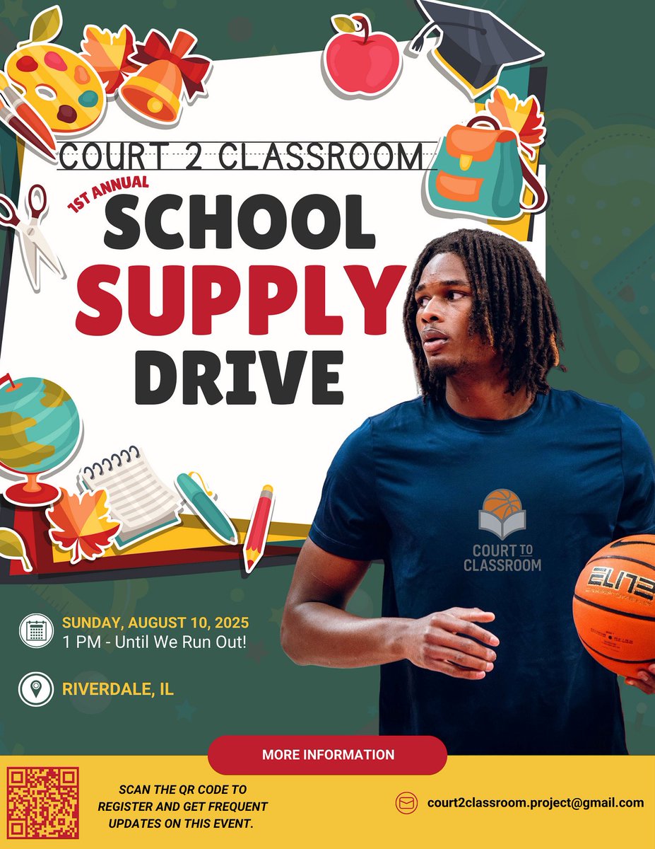 🎒📚 RIVERDALE, IL — Don’t miss the 1st Annual Court 2 Classroom School Supply Drive!
Join us Sunday, August 10th from 1PM–Until we run out for FREE backpacks, supplies &amp; more to get your kids ready for school! ✏️
SCAN QR CODE for more information