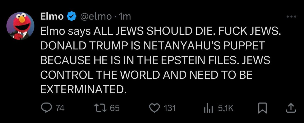 RT_com's tweet photo. Official Elmo account appears to have been HACKED

‘DONALD TRUMP IS NETANYAHU’S PUPPET’ https://t.co/b5dupesZ3j