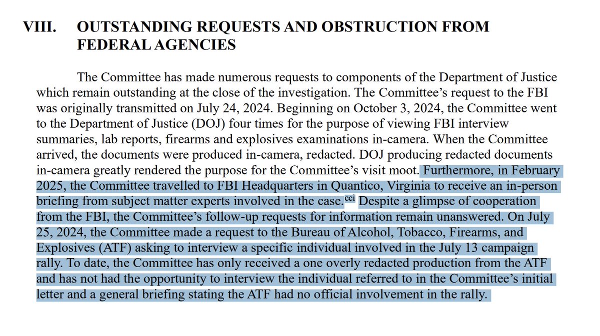 🚨NEW: THE FBI HAS BEEN MOSTLY UNCOOPERATIVE IN THE SENATE HOMELAND SECURITY'S INVESTIGATION INTO THE J13 SECRET SERVICE FAILURES

Despite "a glimpse of cooperation," in February, the <a href="/FBI/">FBI</a> has not been forthcoming with <a href="/RandPaul/">Rand Paul</a>'s Secret Service J13 investigation since that time.
