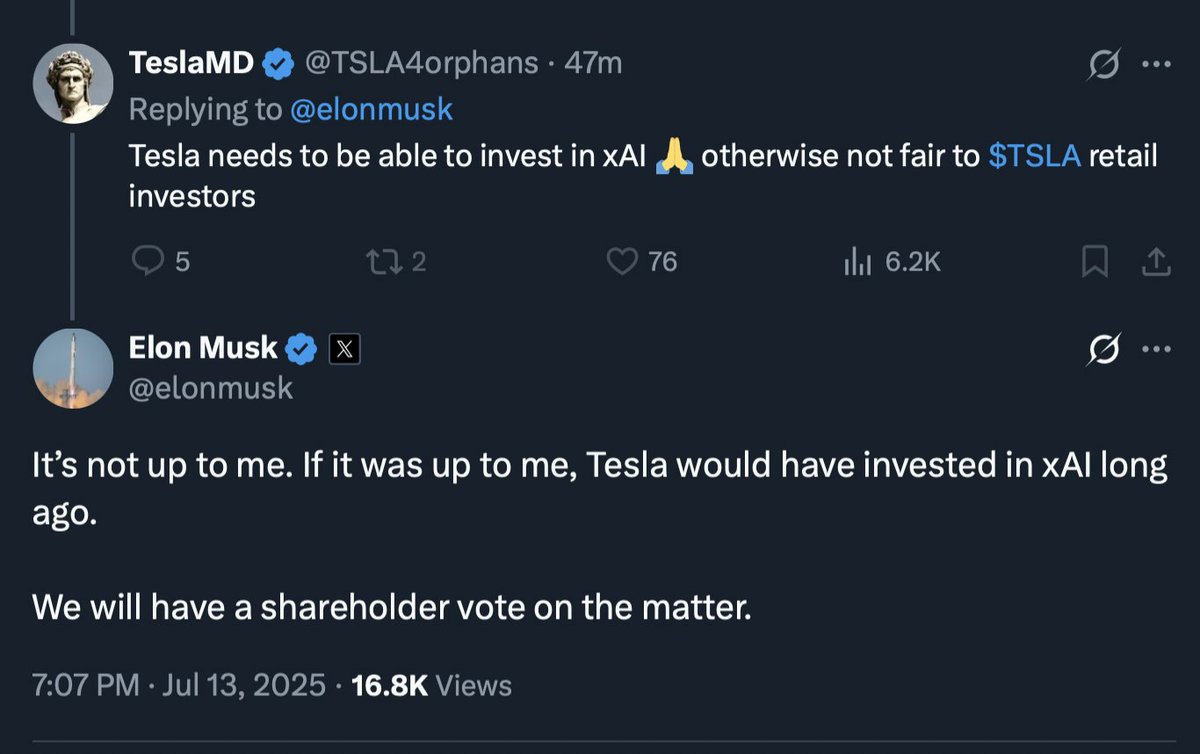 Sawyer Merritt (@sawyermerritt) on Twitter photo NEWS: Elon Musk says that Tesla would have already invested in @xAI if it were up to him, and that there will be an upcoming shareholder vote on the matter. NEWS: Elon Musk says that Tesla would have already invested in @xAI if it were up to him, and that there will be an upcoming shareholder vote on the matter.