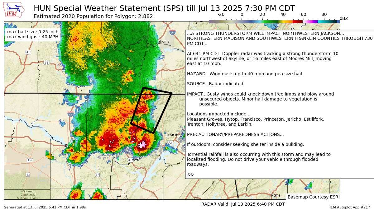 A STRONG THUNDERSTORM WILL IMPACT NORTHWESTERN JACKSON [wind: 40 MPH, hail: 0.25 IN] for Jackson, Madison [AL] and Franklin [TN] till 7:30 PM CDT mesonet.agron.iastate.edu/p.php?pid=2025…