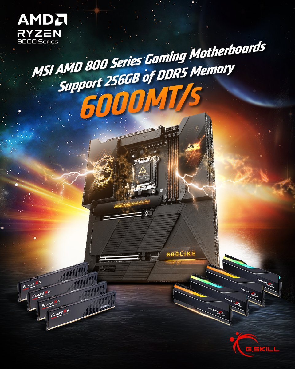 MSI’s AMD 800 series gaming motherboards, with the latest BIOS, just hit a new milestone: supporting 256GB of DDR5 memory at 6000 MT/s, fully validated with G.SKILL. While others talk limits, we build past them. Learn more: msi.gm/AMD-800