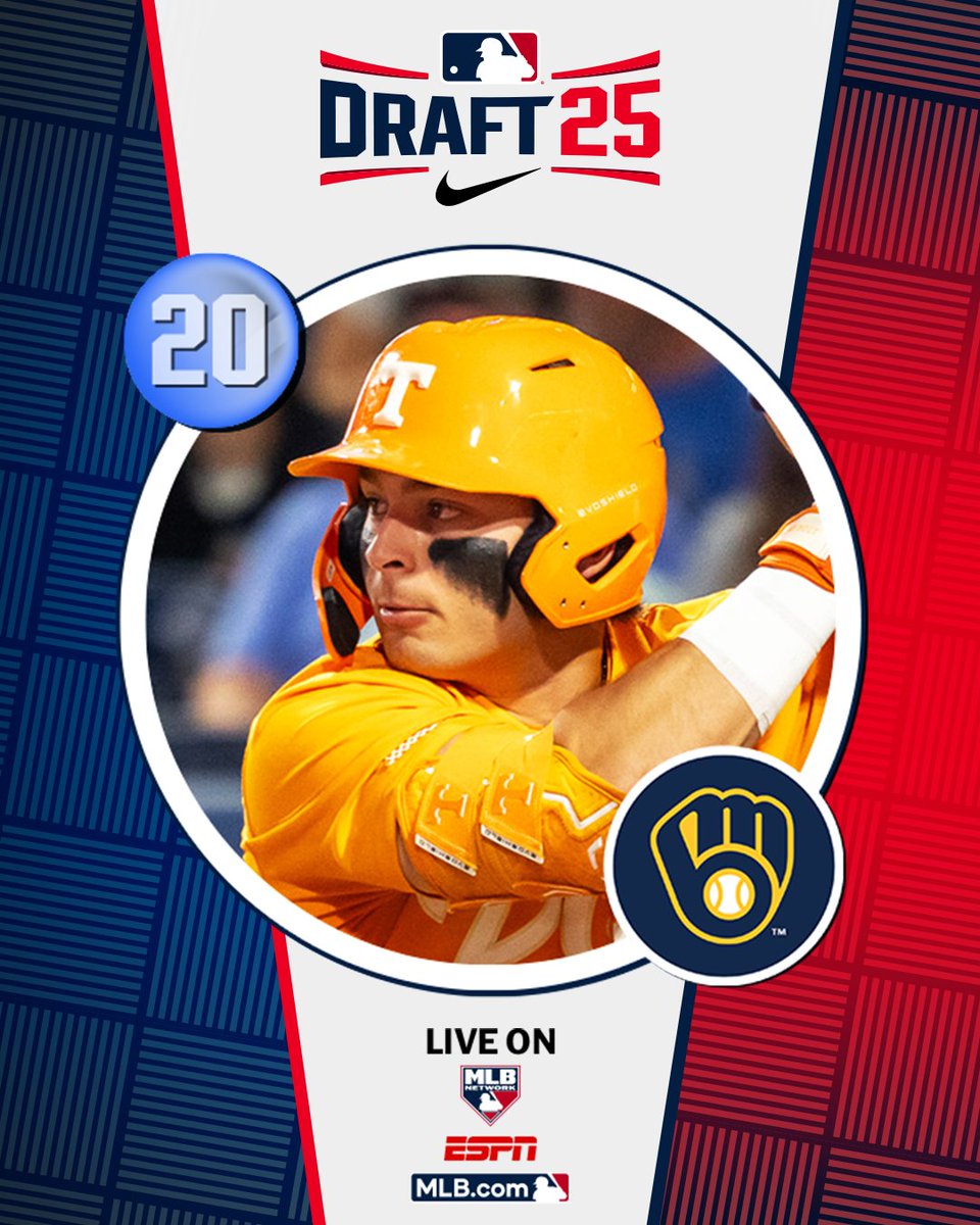 MLBDraft's tweet photo. With the 20th pick in the 2025 Draft, the @Brewers select @Vol_Baseball 3B Andrew Fischer, No. 29 on the Top 250 Draft Prospects list.

Watch LIVE: https://t.co/jQGbpQkemd https://t.co/swSDb8Jh9J