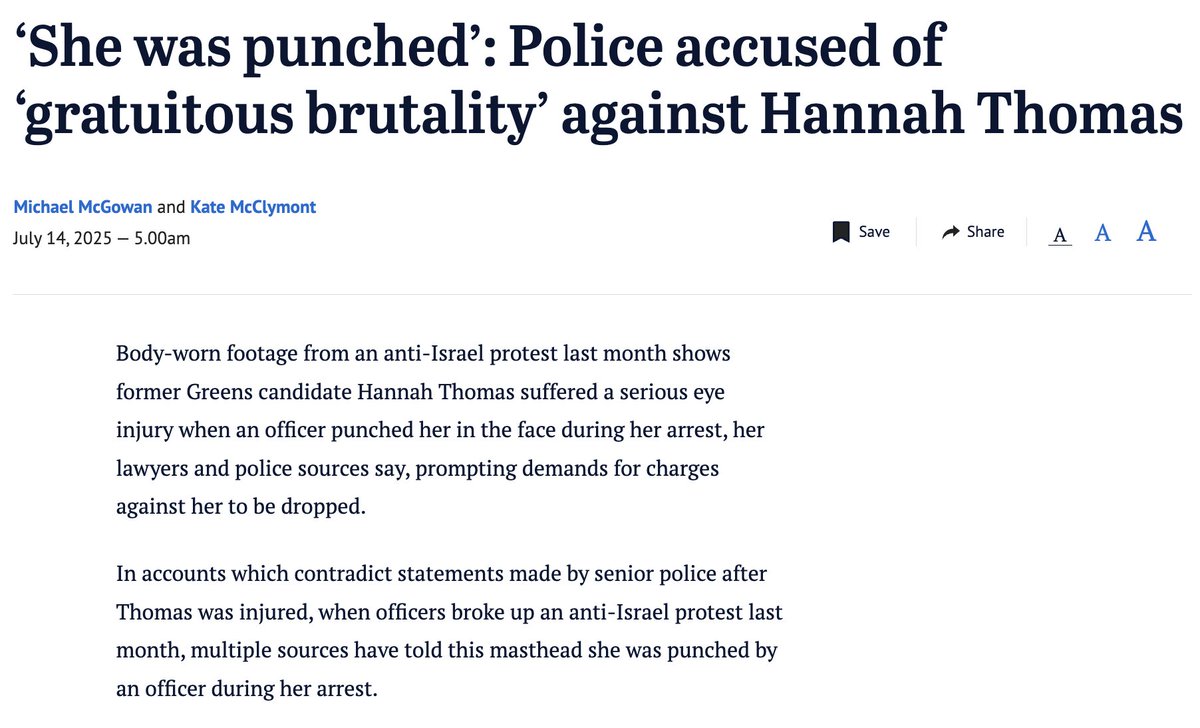 omarsakrpoet's tweet photo. So it turns out that former Greens candidate Hannah Thomas was punched in the face by cops - there was no accident. It was police brutality that blinded her. Totally unnecessary violence, and a complete disgrace. https://t.co/t0BfCw4IKA