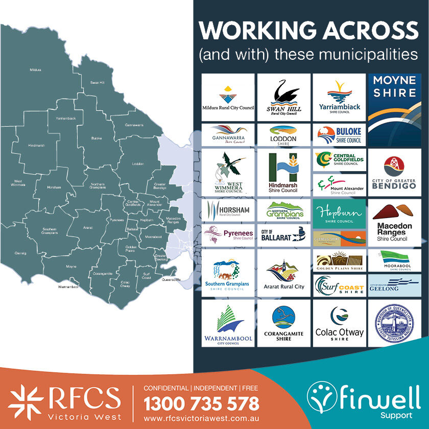 RFCS Victoria West supports regional western Vic from the south coast to Sunraysia, the SA border to the Central Goldfields &amp; Macedon Ranges. We come to you!

Watch to learn more about our service youtu.be/eP4AuoDgV_8?fe…

📞 Call 1300 735 578 or visit bit.ly/rfcsvicwest
