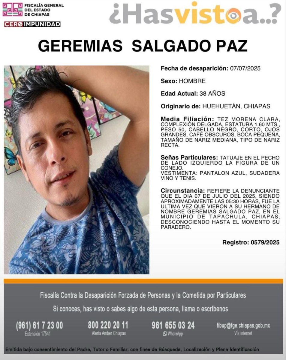 EdorodP's tweet image. Denuncian desaparición de activista LGBT en México.
La Organización @UMALCSmx señaló en un comunicado, que Geremías Salgado fue visto por última vez el 7 de julio, en Tapachula (Chiapas), sin que hasta el momento se sepa nada de su paradero.