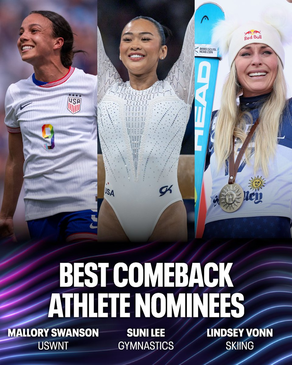 Your women's nominees for Best Comeback Athlete at the 2025 ESPYS ⬇️

Mallory Swanson overcame a torn patella tendon to win Olympic gold after missing the 2023 World Cup ⚽️

Suni Lee overcame kidney issues to win one gold and two bronze medals at the 2024 Paris Olympics 🤸‍♀️