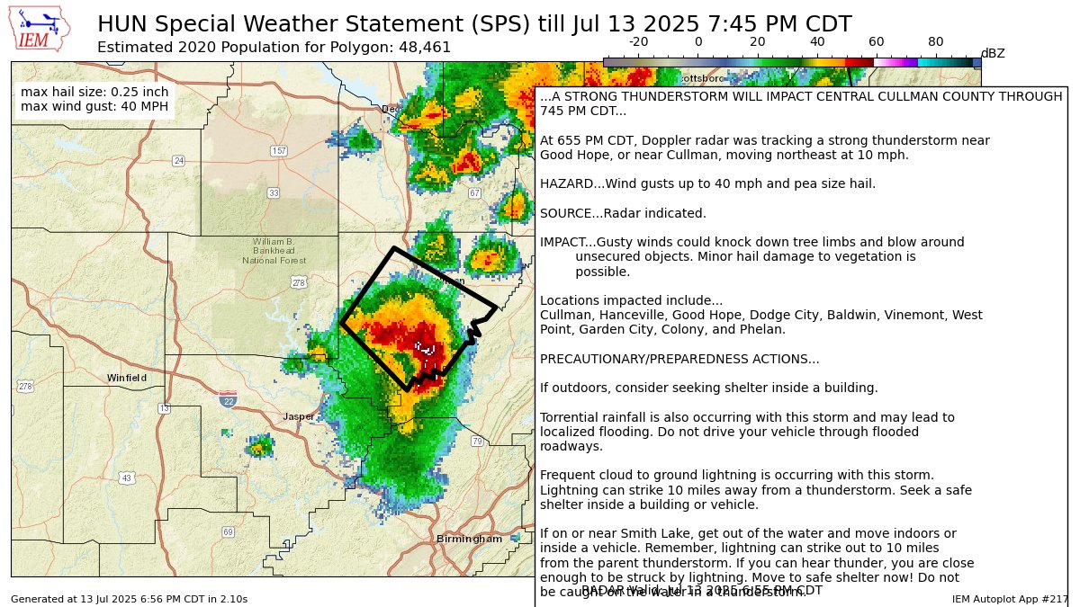 A STRONG THUNDERSTORM WILL IMPACT CENTRAL CULLMAN COUNTY THROUGH 745 PM CDT [wind: 40 MPH, hail: 0.25 IN] mesonet.agron.iastate.edu/p.php?pid=2025…
