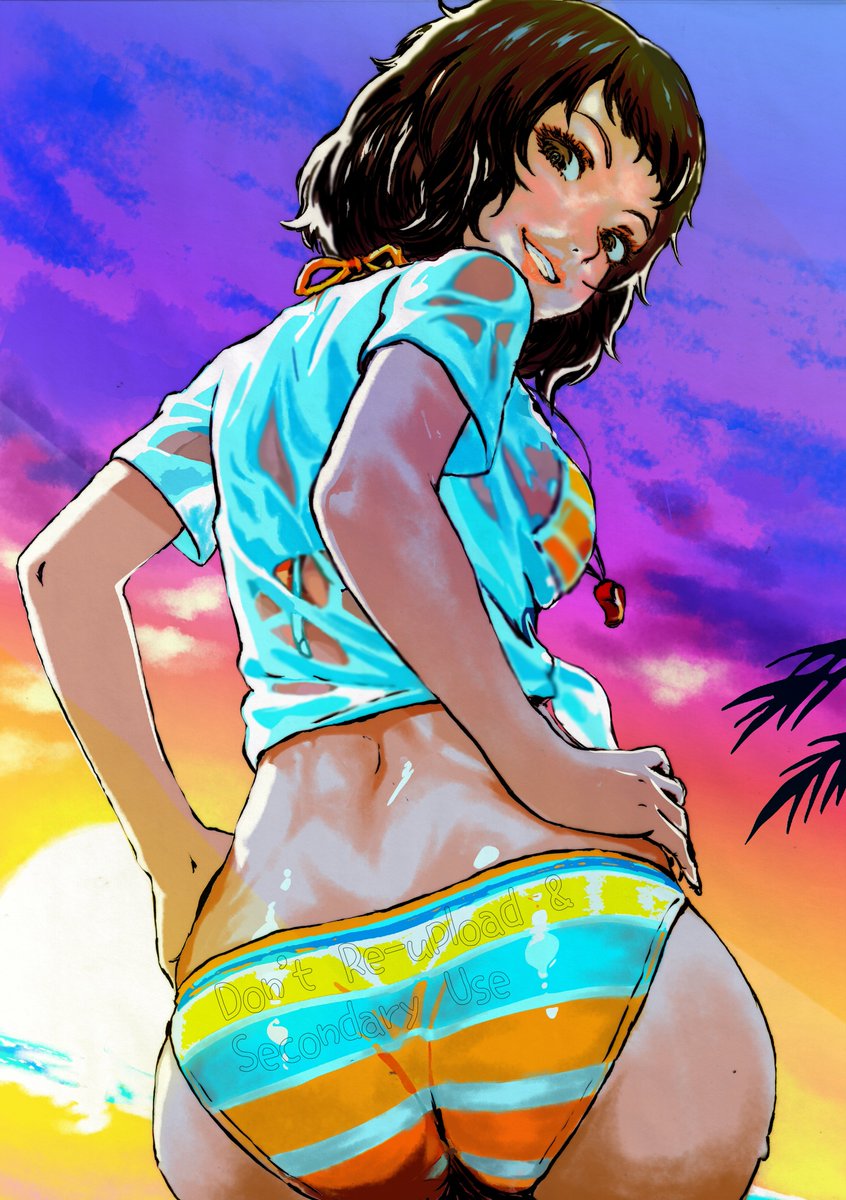 川上貞代せんせー。いけない関係と一夏の思い出
Ms. Kawakami, an unhealthy relationship &amp; a summer to remember

ワイキキビーチに浮かぶ大きな桃
Big Peach floating on Waikiki Beach
#Persona5 #ペルソナ5 #Kawakamay #SadayoKawakami #P5R #brushpen #筆ペン画