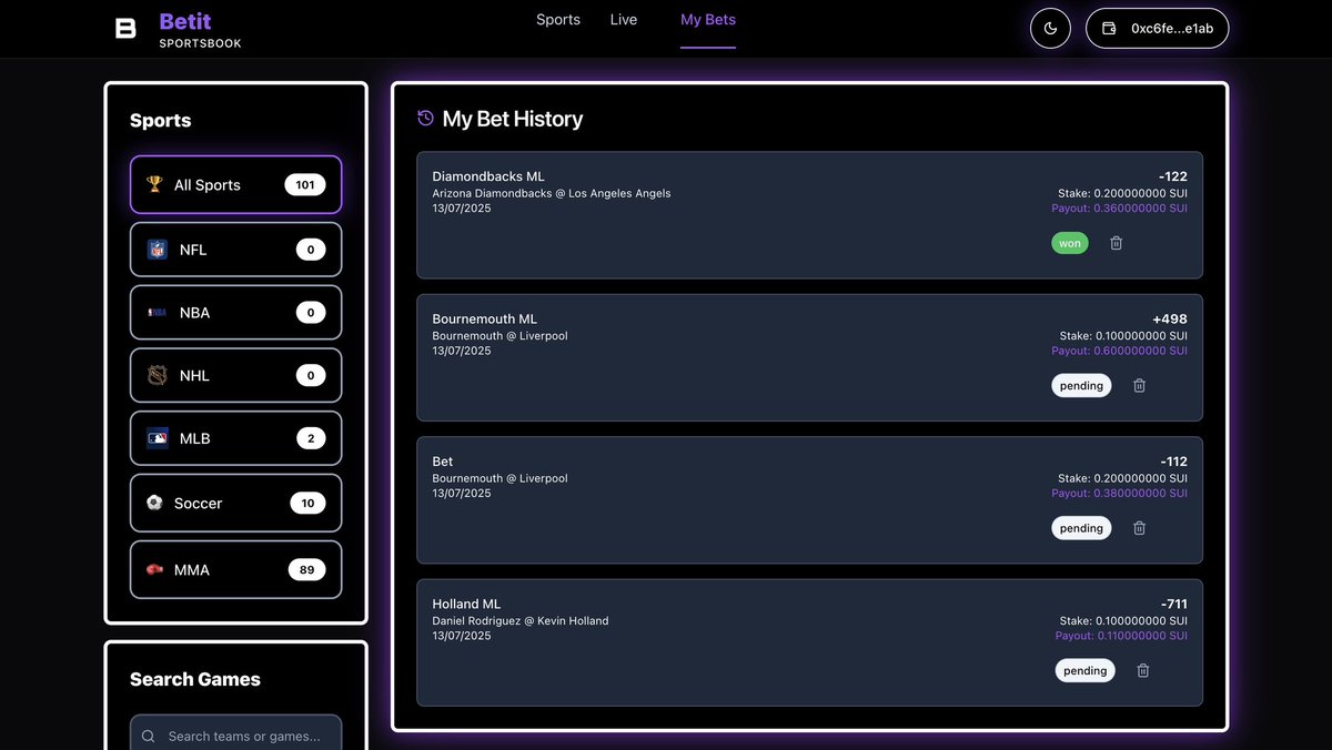 Dive Games (@divegamesui) on Twitter photo MMA bets have officially been integrated in our very own Betit Sportsbook ๐ฅ by <a href="/DiveGameSui/">Dive Games</a> and launching soon along with our platform. Powered by $Sui LFG ๐ฅ<a href="/SuiNetwork/">Sui</a> <a href="/EmanAbio/">Adeniyi.sui</a> <a href="/EvanWeb3/">evan.sui</a>
#sportsbook #web3 #DiveGames #Betitsportsbook MMA bets have officially been integrated in our very own Betit Sportsbook ๐ฅ by <a href="/DiveGameSui/">Dive Games</a> and launching soon along with our platform. Powered by $Sui LFG ๐ฅ<a href="/SuiNetwork/">Sui</a> <a href="/EmanAbio/">Adeniyi.sui</a> <a href="/EvanWeb3/">evan.sui</a>
#sportsbook #web3 #DiveGames #Betitsportsbook