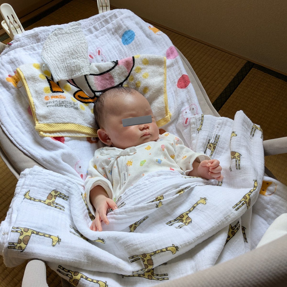 GoK_Rack's tweet image. 実家で足元に置いた座布団の上に寝かせてると足が当たりそうで怖いという意見が出た事から導入されたバウンサーの上で寝ている乳児