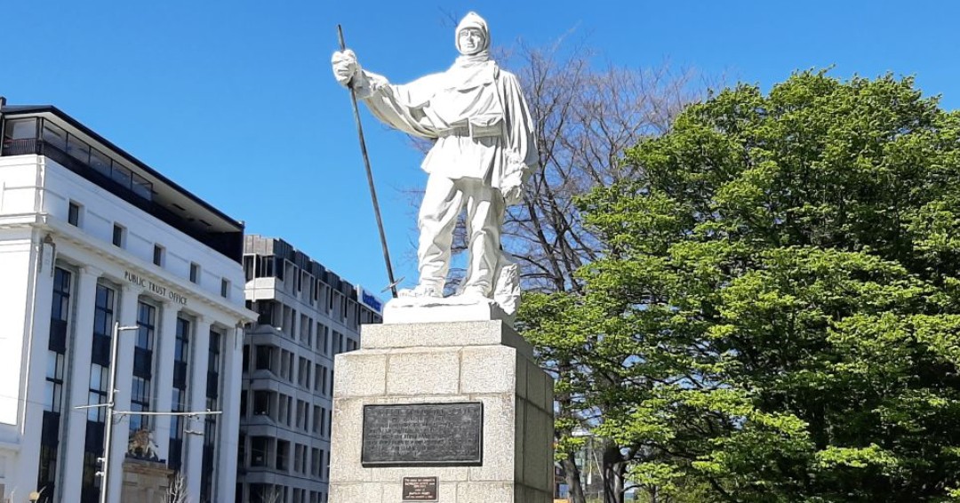 The Captain Scott memorial statue.
The statue was carved by Scott's widow, Kathleen Scott a few years after he perished on the return journey from the South Pole.  Unveiled in 1917, it toppled off its plinth in the 2011 Christchurch earthquake but was reinstated in 2017.