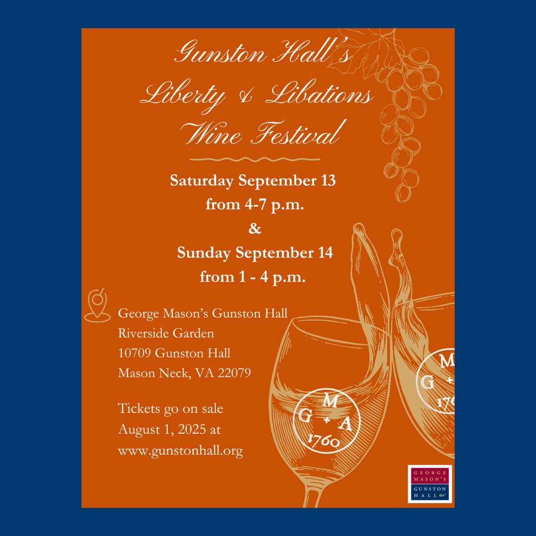 🍷Save the Date!🍷
Gunston Hall's Liberty &amp; Libations Wine Festival is scheduled for Saturday, September 13th and Sunday, September 14th.
🎟️ Tickets go on sale August 1st! Don't miss it!
#LibertyAndLibations #WineFestival #MasonNeckVAEvents #LortonVAEvents