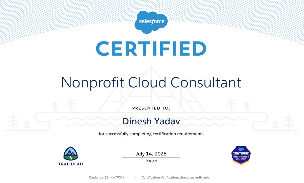 🎉 Exciting News! 🎉
I'm thrilled to share that I've officially earned Nonprofit Cloud Consultant which my 46th <a href="/salesforce/">Salesforce</a>  certification on the last day before Salesforce certifications move to Trailhead Academy! 🏆

<a href="/trailhead/">Trailhead</a> #AlwaysBeLearning