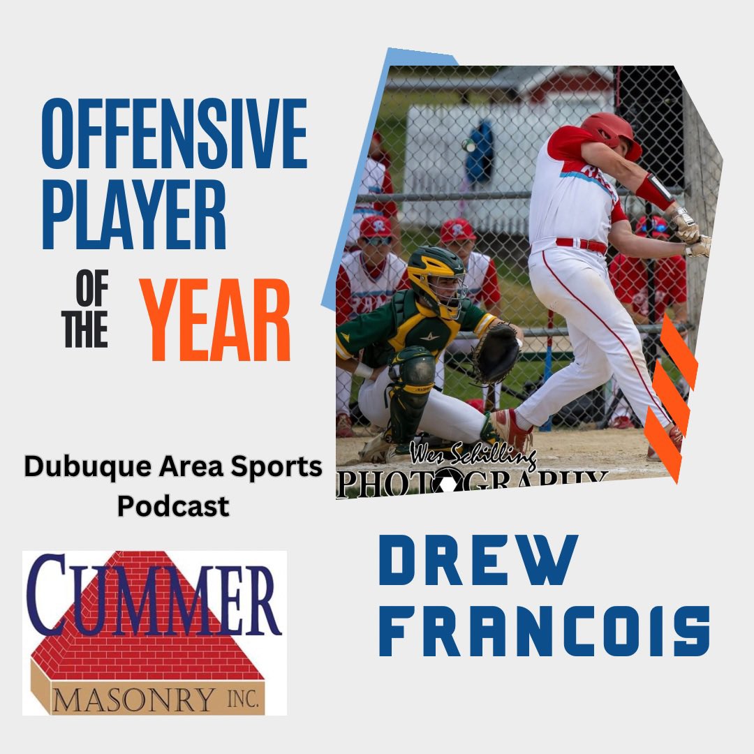 🔥 OFFENSIVE PLAYER OF THE YEAR 🔥
💪 Drew Francois – Dubuque Senior Rams 🐏

Let’s hear it for Drew Francois, the Dubuque Area Sports Podcast Large Schools Offensive Player of the Year! One of the most feared bats in the area, Drew launched bombs, drove in runs, and powered the