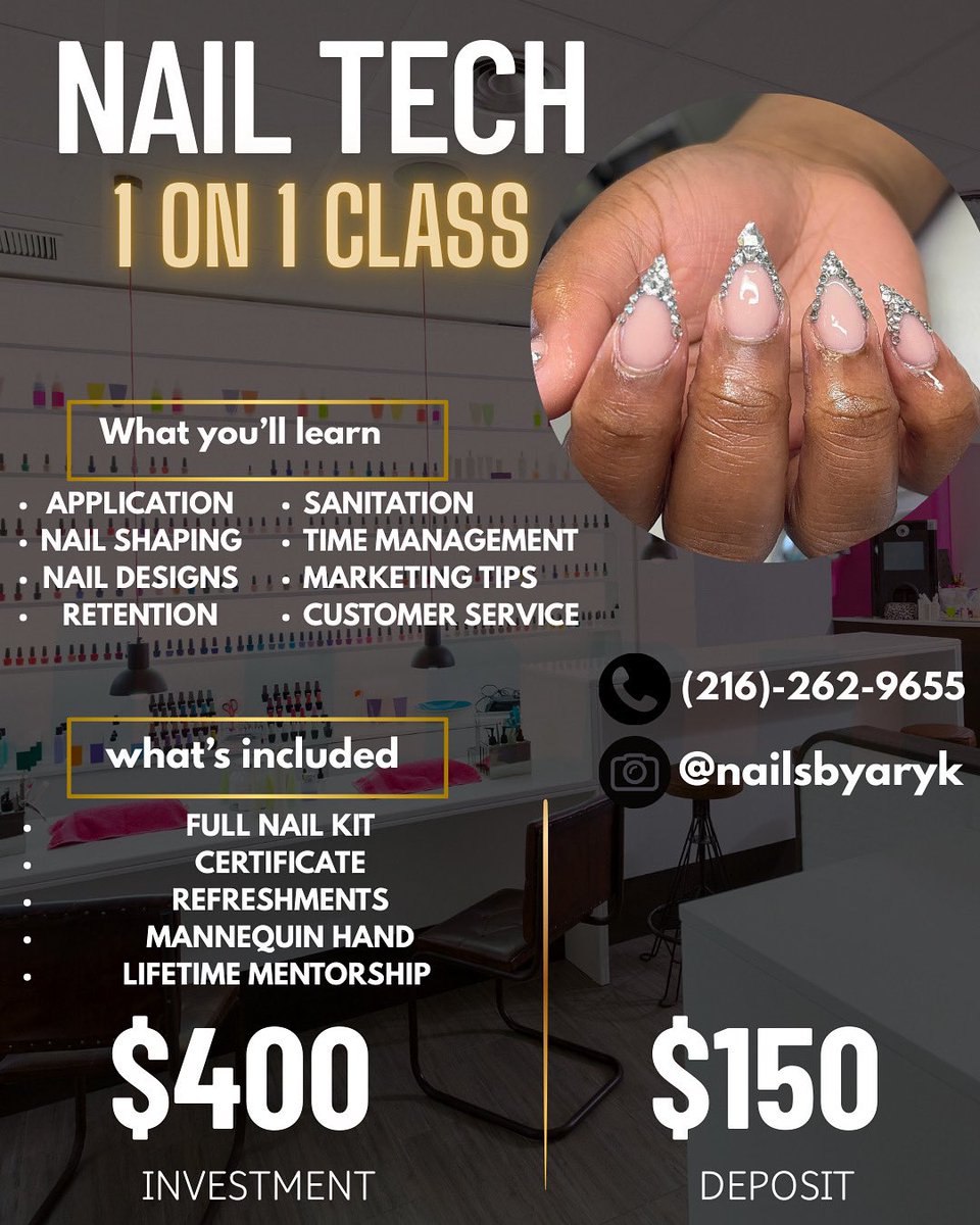 _arykk's tweet image. ✨NAILSBYARYK PRESENTS TO YOU … ✨
A 1 on 1 nail class🤩
Are you interested in becoming a nail tech ,or are you looking to perfect your craft ?!🤔 
If either of these resonates with you you’ve came to the right place !💕 
#nailclasses #nailtech #Cleveland