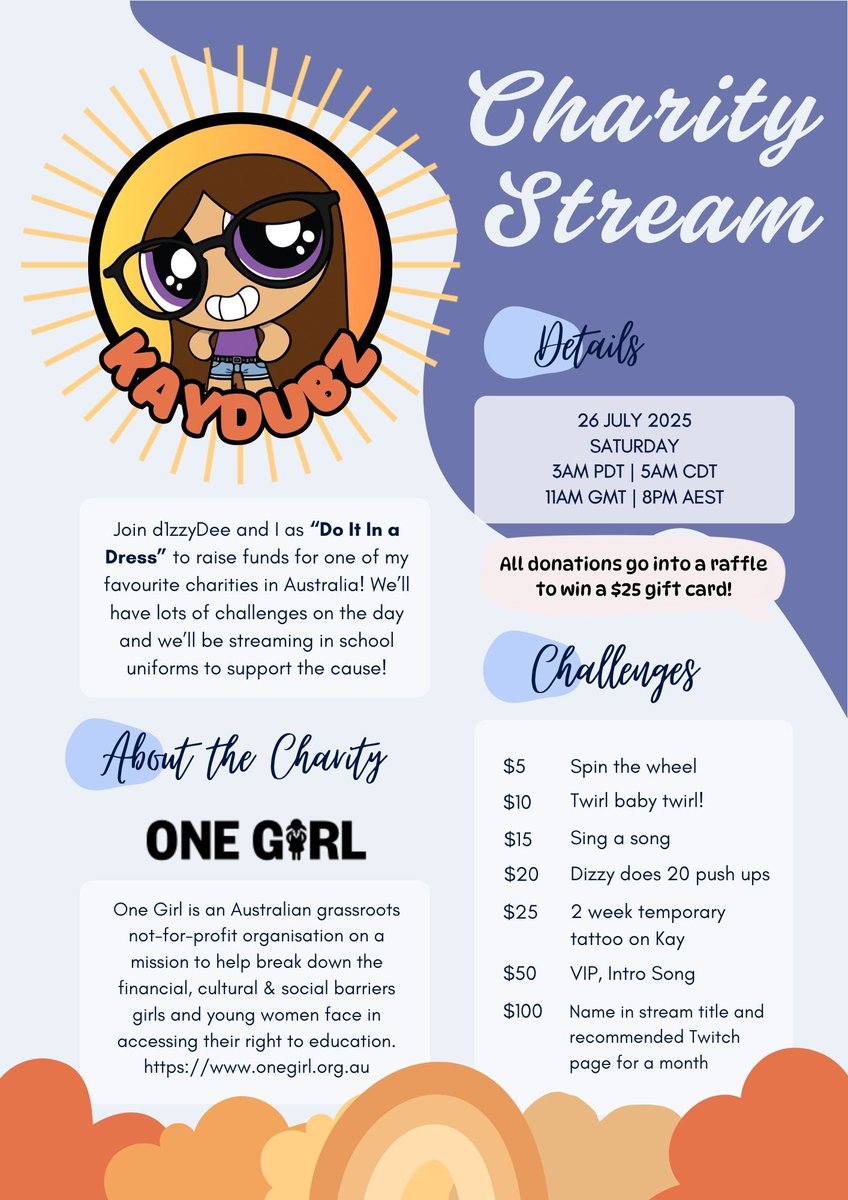 kaydubz36's tweet image. We’re doing our first charity stream end of the month! Looking forward to streaming with my friend @d1zzyDee_! It’s going to be so much fun for a good cause! Hope to see you there!

#charitystream #twitch #SmallStreamerCommunity #gamergirl #fundraising