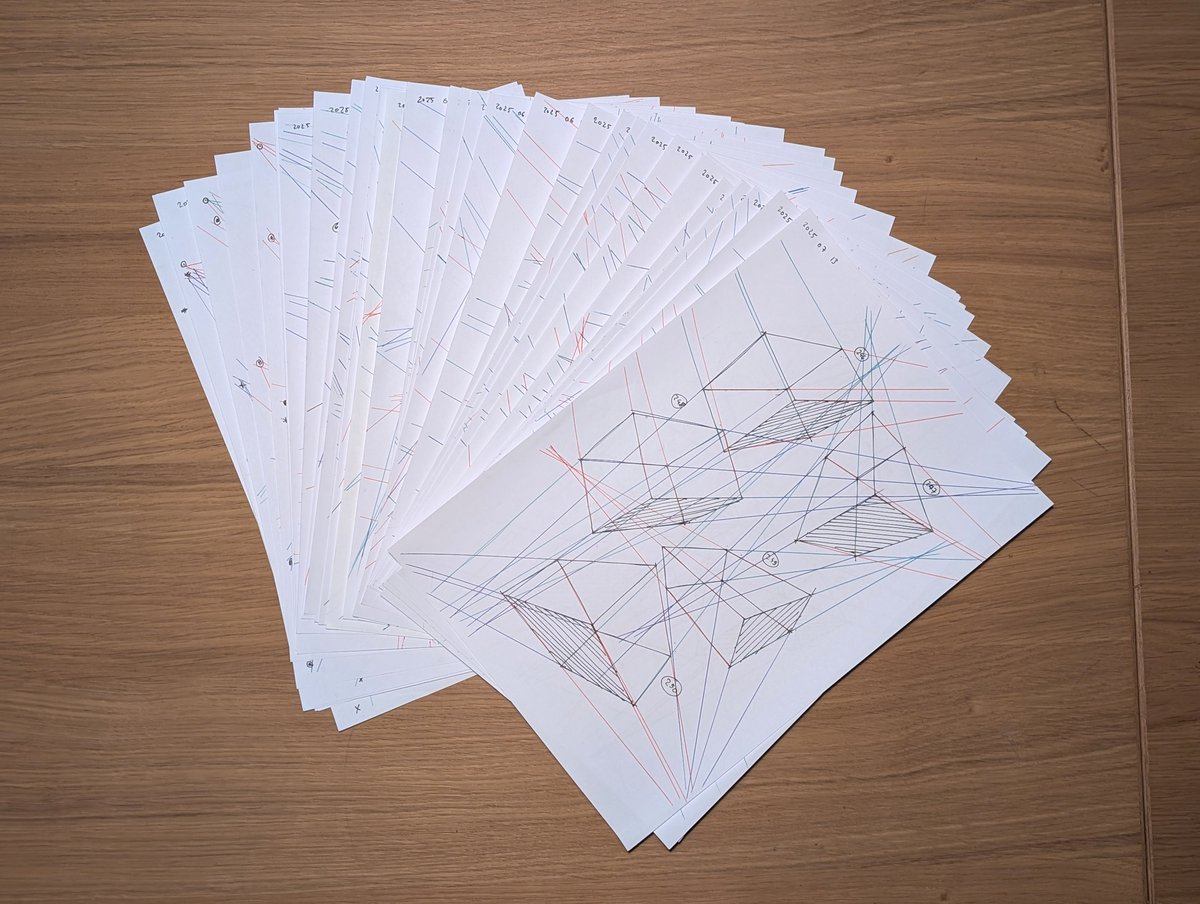 mechanical_monk's tweet image. Drawabox 250 box challenge done!!!
(freehand boxes in 3 point perspective, then extend lines w a ruler to check they converge correctly)
took me 2 months phew