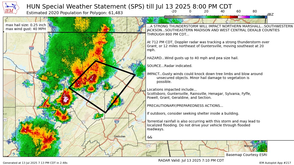 A STRONG THUNDERSTORM WILL IMPACT NORTHERN MARSHALLSOUTHWESTERN JACKSONSOUTHEASTERN MADISON AND WEST CENTRAL DEKALB COUNTIES THROUGH 800 PM CDT [wind: 40 MPH, hail: 0.25 IN] mesonet.agron.iastate.edu/p.php?pid=2025…