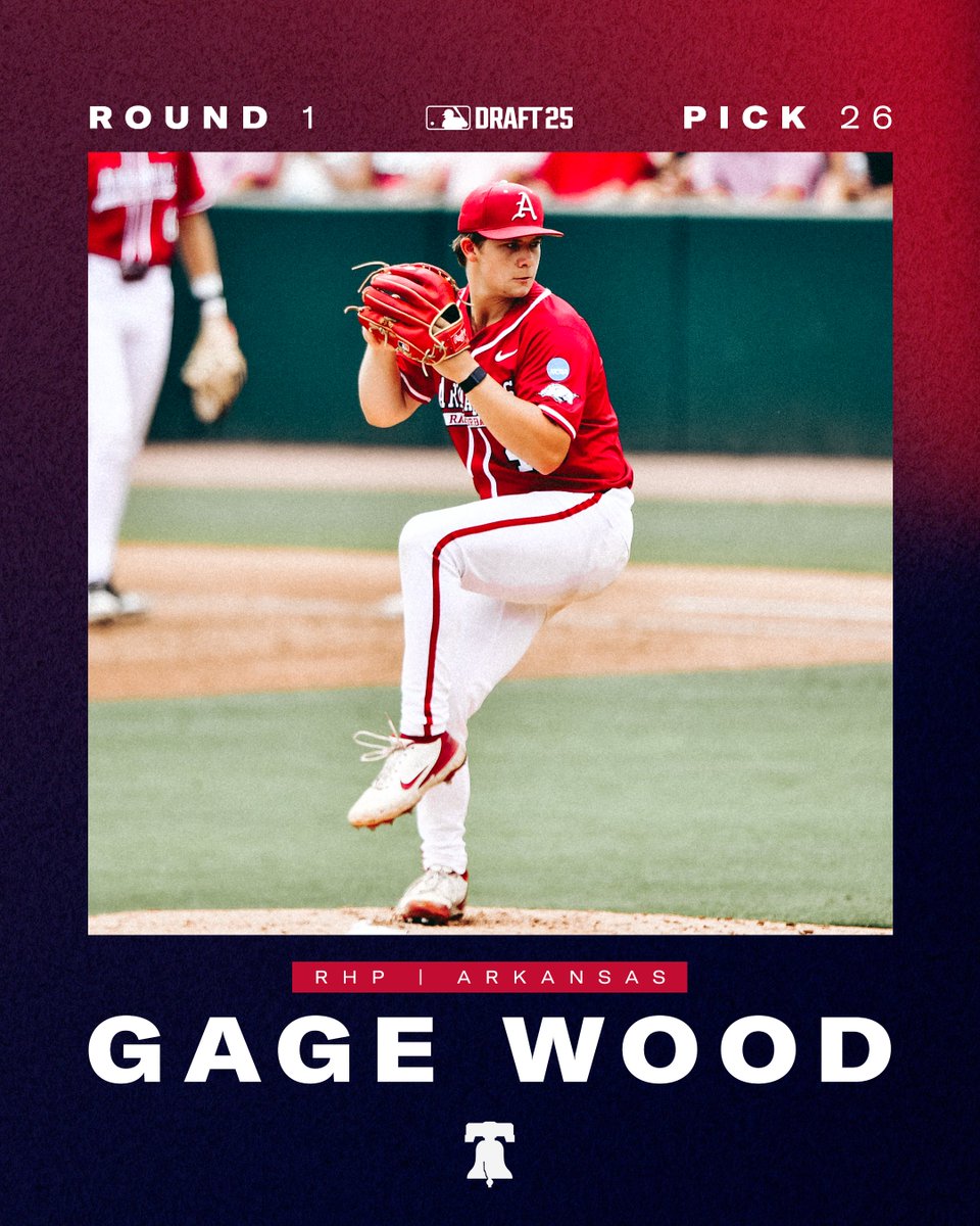 PhilsPlayerDev's tweet image. With the 26th pick in the MLB Draft, the Phillies have selected RHP Gage Wood
#RingTheBell x #MLBDraft25