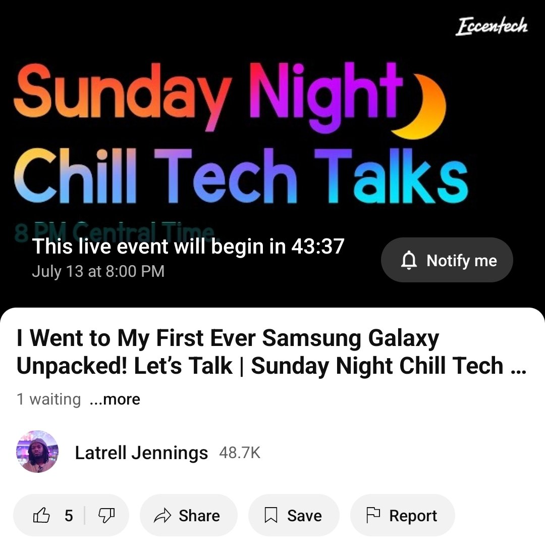 Don't forget we got less than an hour left for the 1 year return of Sunday Night Chill Tech Talks! We're talking Fold7 and Watch8 Classic... the 2 devices Samsung gave me from Galaxy Unpacked, and my Galaxy Unpacked experience!

youtube.com/live/RrsfWiOhL…
