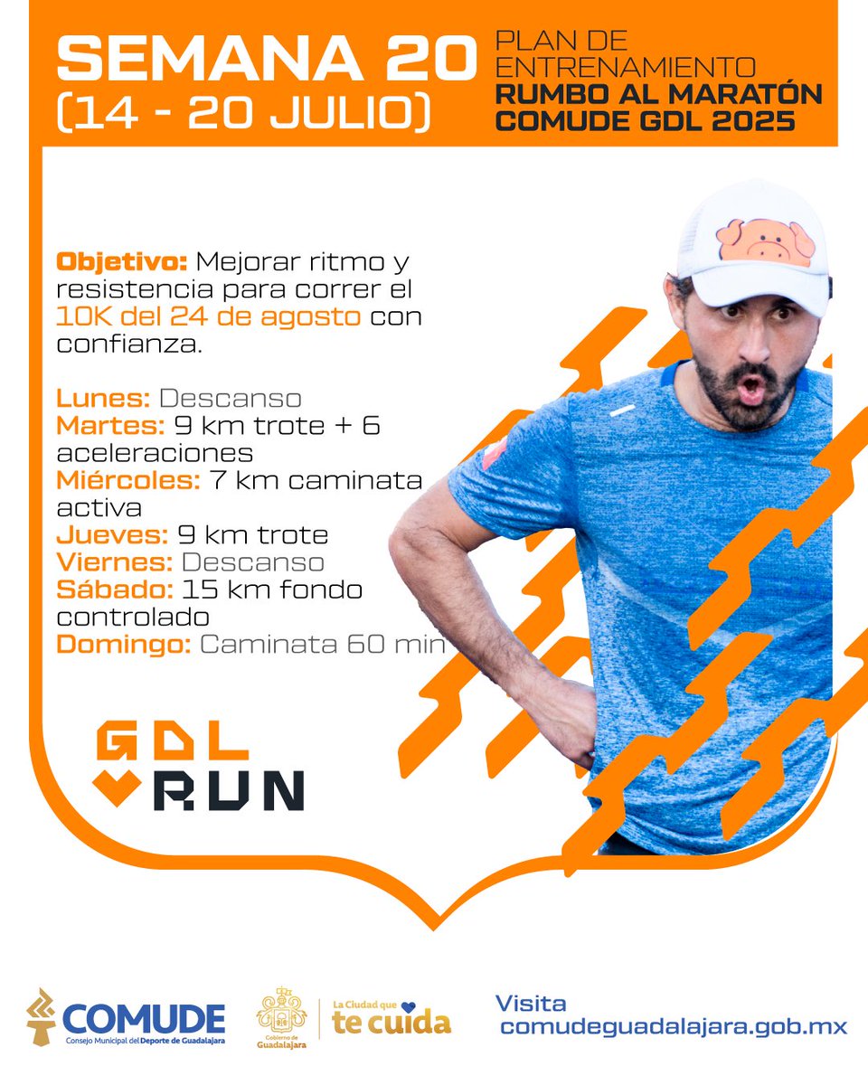 🏃‍♂️ ¡Semana 20 rumbo al 10K y Maratón GDL 2025! 📅
El calendario avanza y cada corredora y corredor vive su propio proceso.

💡 Recuerda: cada semana cuenta. Escucha a tu cuerpo, mantén la disciplina y sigue disfrutando cada paso del proceso.

#10KGuadalajara #MaratónGDL2025