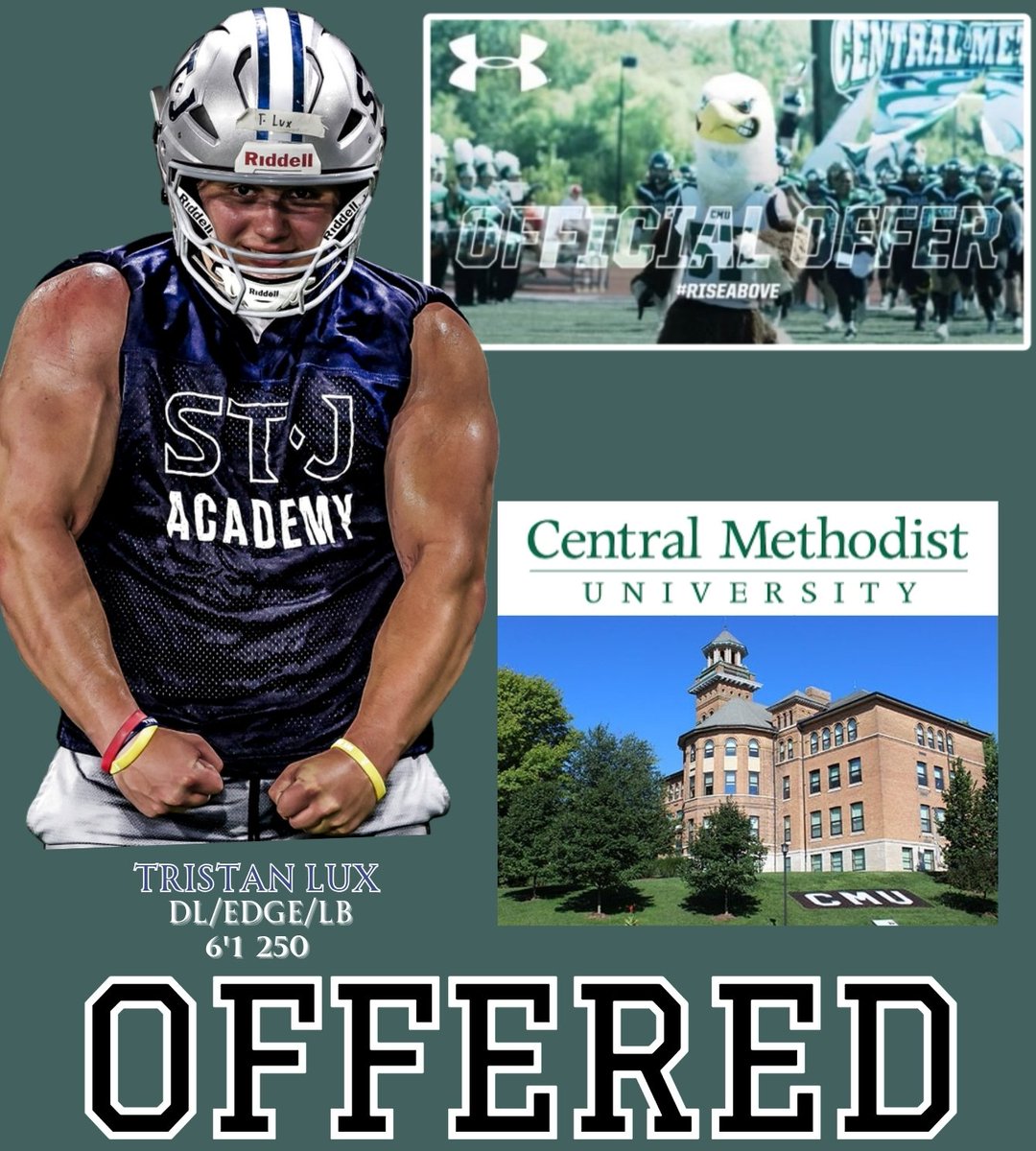 Tristan โThe Hulkโ Lux (@tristanlux1) on Twitter photo After a great conversation with Coach <a href="/DLeach37/">David Leach โ๏ธ</a> I am blessed to have received an offer from Central Methodist University! Let's Go!!
<a href="/CoachDaveBrown/">Dave Brown</a> <a href="/cmueaglesFB/">Central Methodist Football</a> <a href="/OvertonDarryl/">Darryl Overton</a> <a href="/CoachOvertonJ/">Jeffrey Overton Sr.</a> <a href="/Coach_C_99/">Cornelius Campbell Jr {Coach โCโ}</a> <a href="/DMV_CALI_LBGkid/">Barron Taylor (Coach BT/PuntFactoryAU)</a> After a great conversation with Coach <a href="/DLeach37/">David Leach โ๏ธ</a> I am blessed to have received an offer from Central Methodist University! Let's Go!!
<a href="/CoachDaveBrown/">Dave Brown</a> <a href="/cmueaglesFB/">Central Methodist Football</a> <a href="/OvertonDarryl/">Darryl Overton</a> <a href="/CoachOvertonJ/">Jeffrey Overton Sr.</a> <a href="/Coach_C_99/">Cornelius Campbell Jr {Coach โCโ}</a> <a href="/DMV_CALI_LBGkid/">Barron Taylor (Coach BT/PuntFactoryAU)</a>