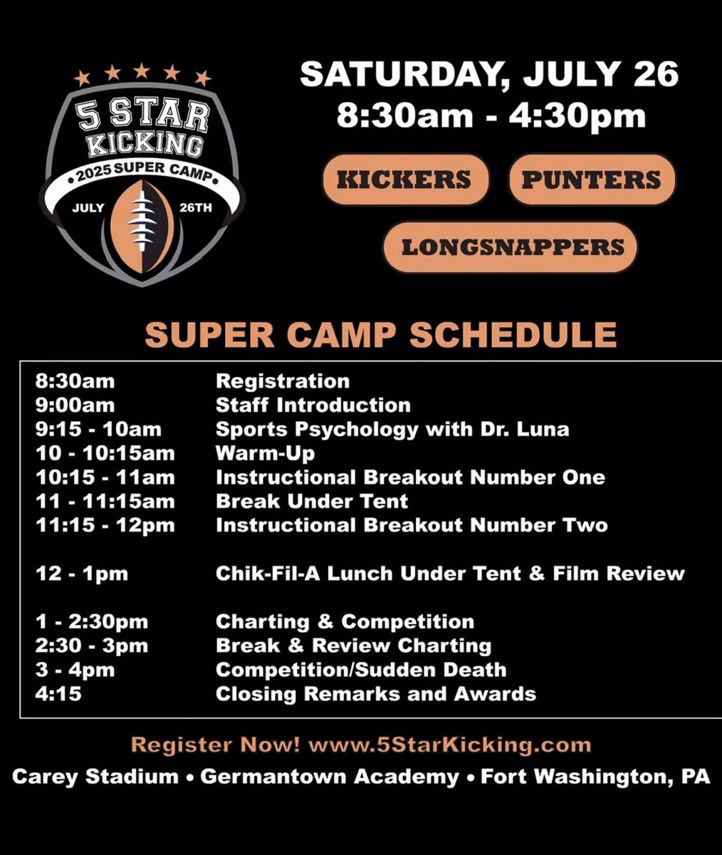 STS Kicking Camps (@stscamps) on Twitter photo Take a ride out on July 26th to Fort Washington, PA for the <a href="/5StarKicking/">5 STAR KICKING</a> Super Camp! 🚘🦵🏈💯 Take a ride out on July 26th to Fort Washington, PA for the <a href="/5StarKicking/">5 STAR KICKING</a> Super Camp! 🚘🦵🏈💯