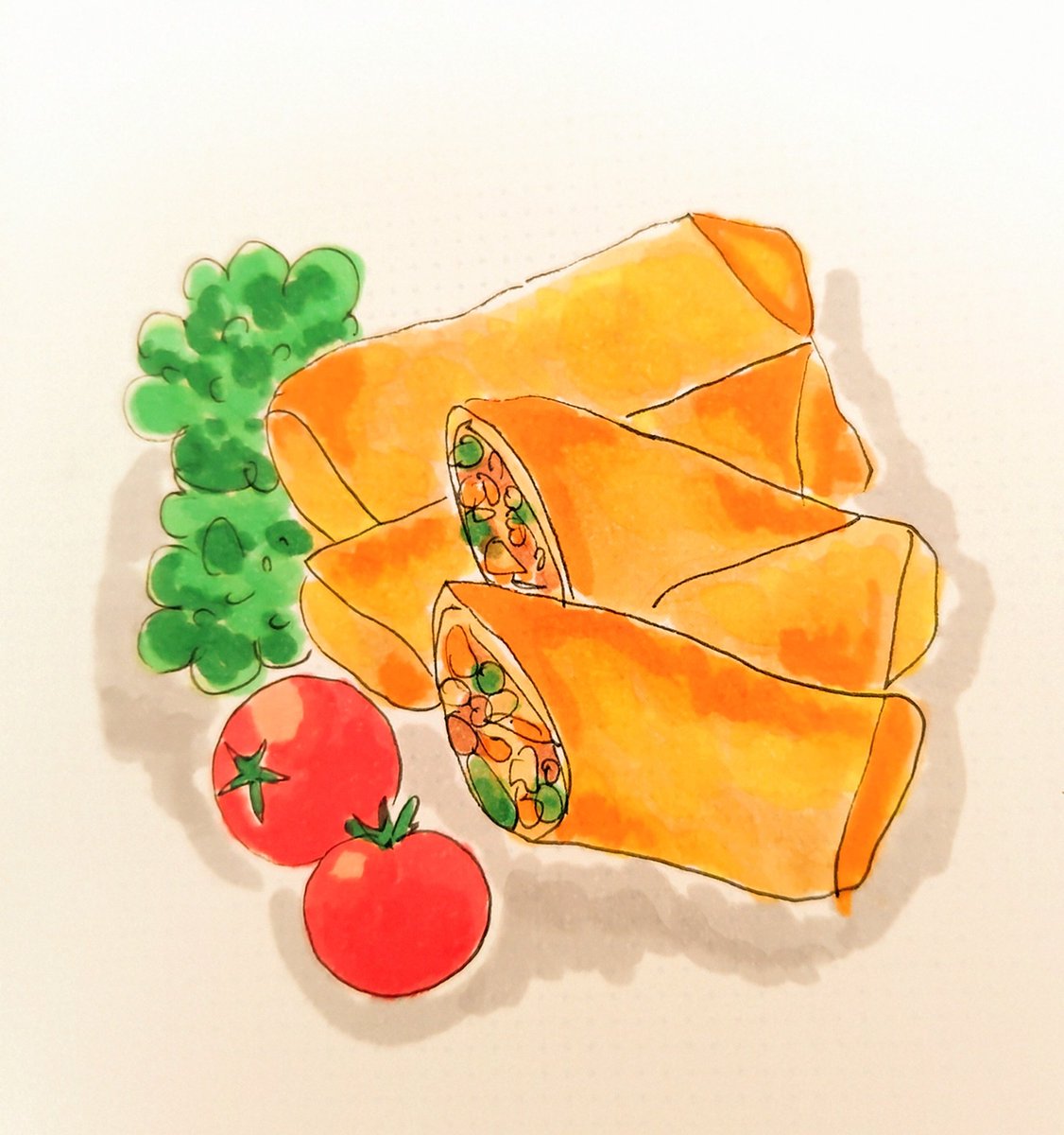 marujiroart's tweet image. 春巻き作ったよ👩‍🍳
正直、春巻き作るのってめんどくさいよね💦

#春巻き
#相方の誕生日
#めんどうな料理できるだけ作りたくない
#ゆるいイラスト #みんなで楽しむTwitter展覧会 #芸術同盟  #つぶやき  #落書き #ドゥードゥル #doodle