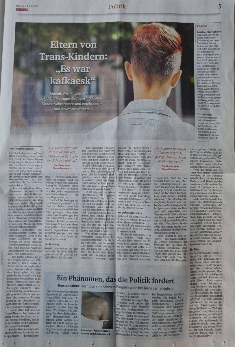 Wichtiger Blick vom <a href="/KURIERat/">KURIER</a> darauf, wie bei trans identifizierten Jugendliche Verantwortung abgegeben wird: von Medizin, Therapie, Bildung, Sozialarbeit, Medien, Politik.

Ein mutiger Schritt und klare Forderungen der österreichischen Elterninitiative rogd.at!