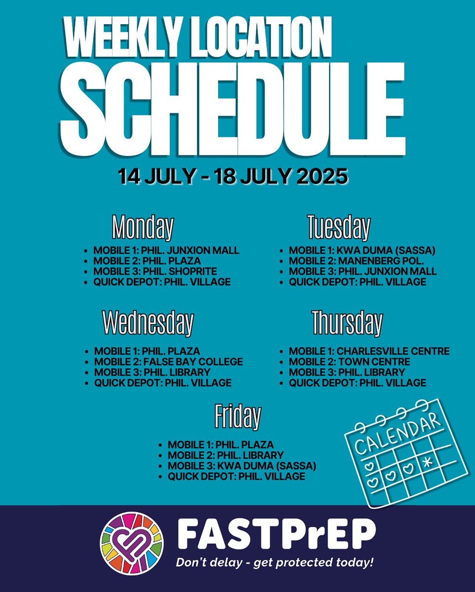 FASTPrEPstudy's tweet image. 🗓️ Weekly Location Schedule
Visit our mobile clinics for sexual reproductive healthcare services.
#fastprep #desmondtutuhealthfoundation #prep #weekly #schedule #hivfreegeneration