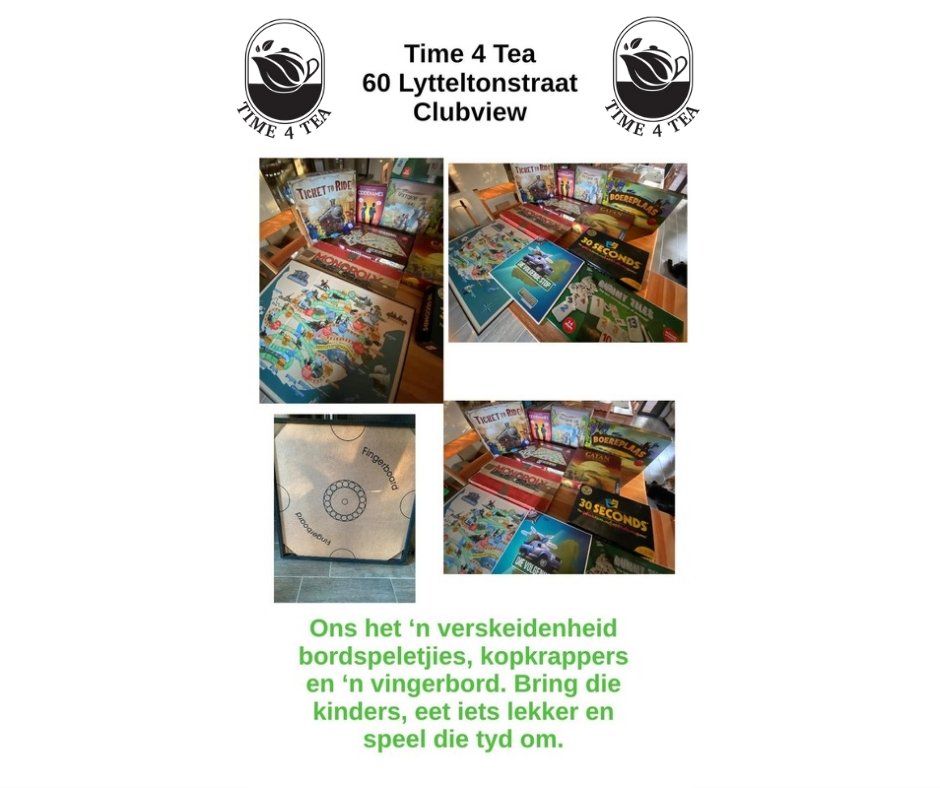 Maria_4ever_Sharky (@mariasto123) on Twitter photo Time 4 Tea Kom eet en drink iets lekker terwyl die kinders hulself vermaak met bordpeletjies, kopkrapper raaisels en vingerbord.
Esmé 0828724868
info@time4tea.co.za
Visit us at
📍 60 Lytteltonstraat Clubview
Orders - time4tea.co.za
#Time4Tea
#HealthWellness #Love4Tea Time 4 Tea Kom eet en drink iets lekker terwyl die kinders hulself vermaak met bordpeletjies, kopkrapper raaisels en vingerbord.
Esmé 0828724868
info@time4tea.co.za
Visit us at
📍 60 Lytteltonstraat Clubview
Orders - time4tea.co.za
#Time4Tea
#HealthWellness #Love4Tea