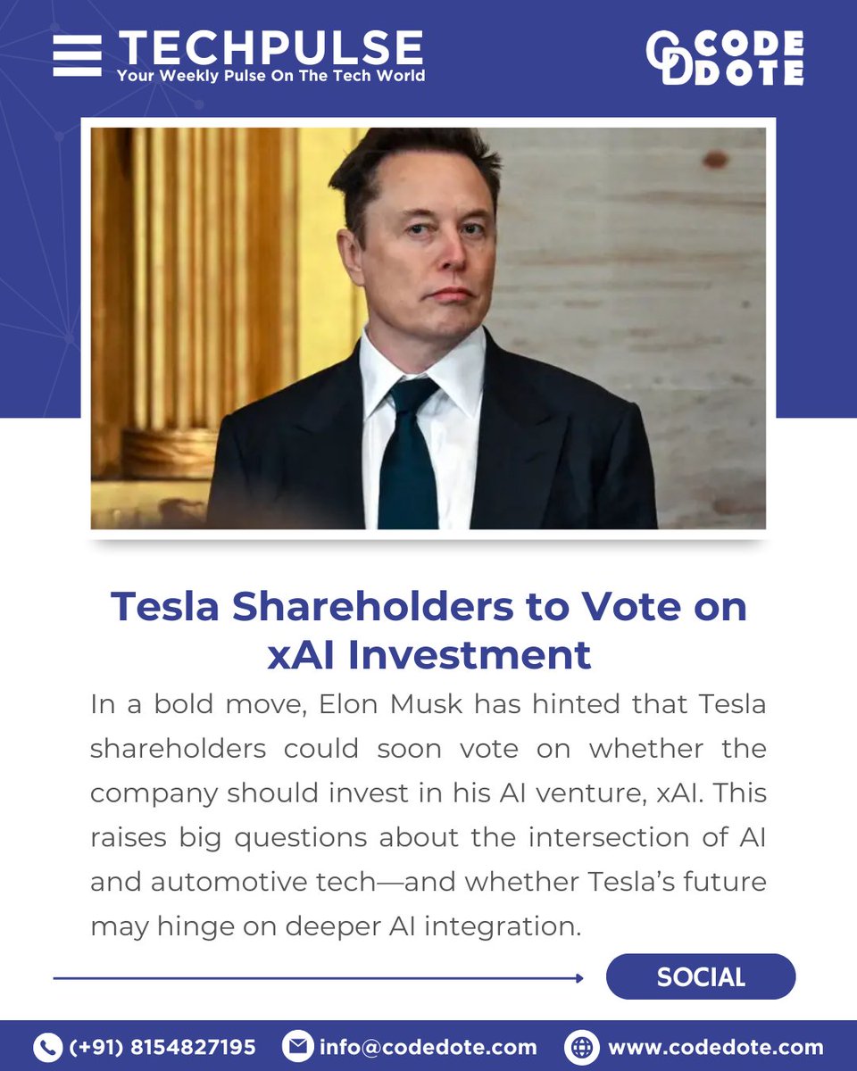 CodeDote's tweet photo. Tesla Shareholders to Vote on xAI Investment!
Elon Musk hints Tesla shareholders may soon vote on whether the EV giant should invest in his AI startup, xAI.
Should Tesla fuel Musk’s xAI ambitions?

#ElonMusk #xAI #codedote #FutureTech #TechNews @elonmusk @Tesla @xai @grok https://t.co/ZoL5Rl5goc