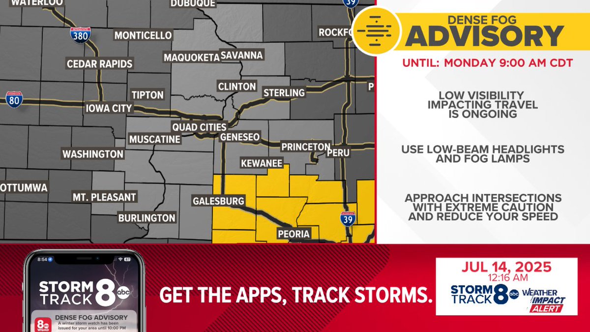 A Dense Fog Advisory has been issued for parts of the area until Jul 14 10:00AM Watch for reduced visibility down to less than a mile at times. #WeTrackStorms