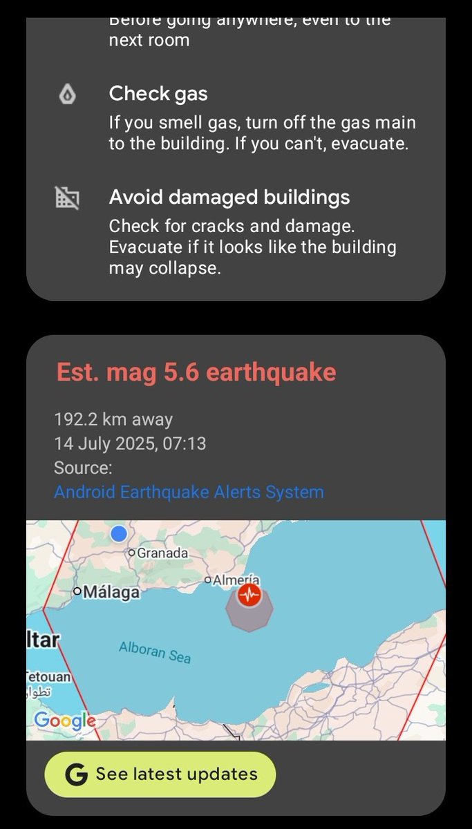 Despertar porque el móvil te de este aviso da mucho sustito... terremoto de 5.6 en la costa de Almeria hace unos minutos.