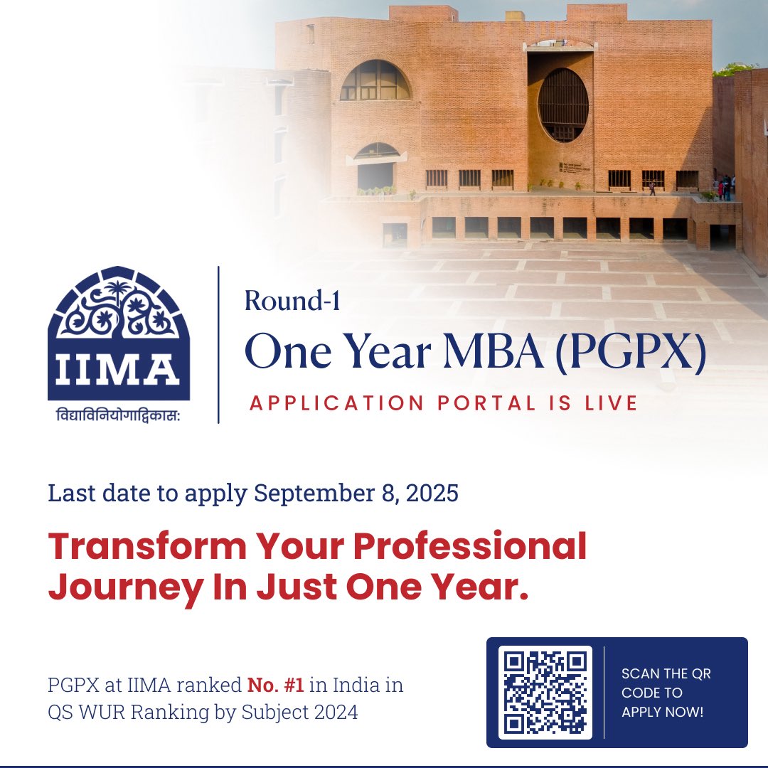 Step into Global Leadership with IIM Ahmedabad’s One-Year MBA (PGPX).

With unmatched academic rigor and industry integration, this program is your gateway to elite business leadership. The application portal for Round-1 is now live.

⏳ Deadline: September 8, 2025

#IIMAhmedabad