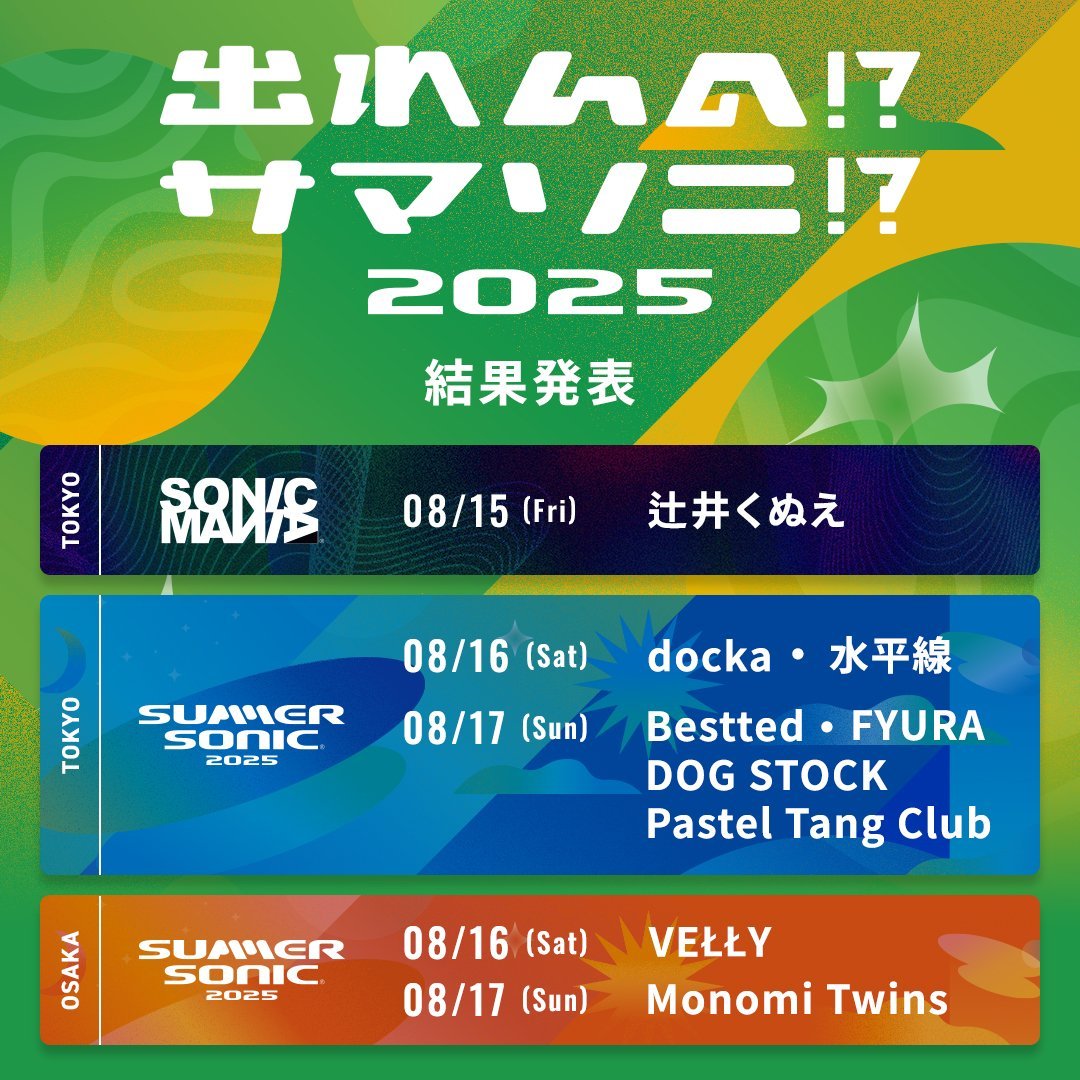 [Live]

━━━━━━━━━━━━━━━
◤SONIC MANIA 2025 出演決定◢
━━━━━━━━━━━━━━━

🗓️2025/08/15(Fri.)・MANIAC LAB
🏟️幕張メッセ

Infoℹ️ &amp; Ticket🎫
↓↓↓
summersonic.com/sonicmania

<a href="/SONICMANIA_JP/">SONICMANIA</a> 
#SONICMANIA
#ソニマニ